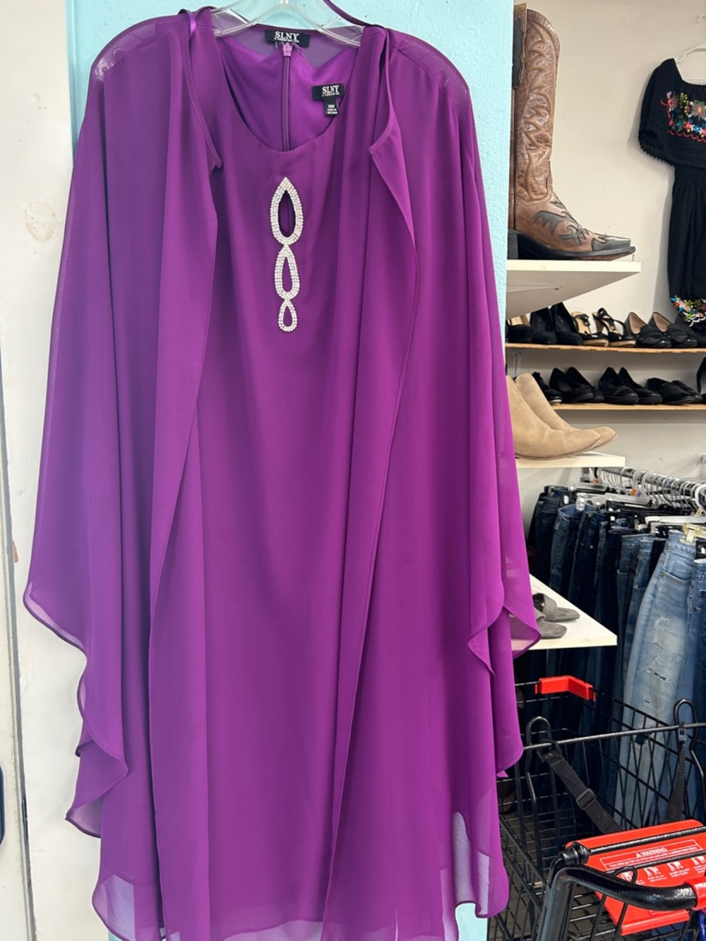 SLNY Fuchsia Chiffon Tunic with Rhinestone Teardrop Accents